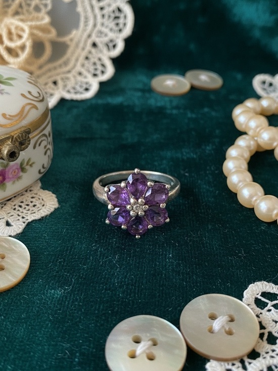 925 Sterling Silver Jewelry - Sterling Silver Floral Amethyst Ring - Purple